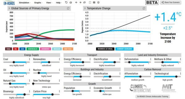 "En-Road" + "Climate Action Simulation" : Un outil interactif en ligne et un jeu de rôle pour imaginer un monde sous les 2 °C de réchauffement en 2100